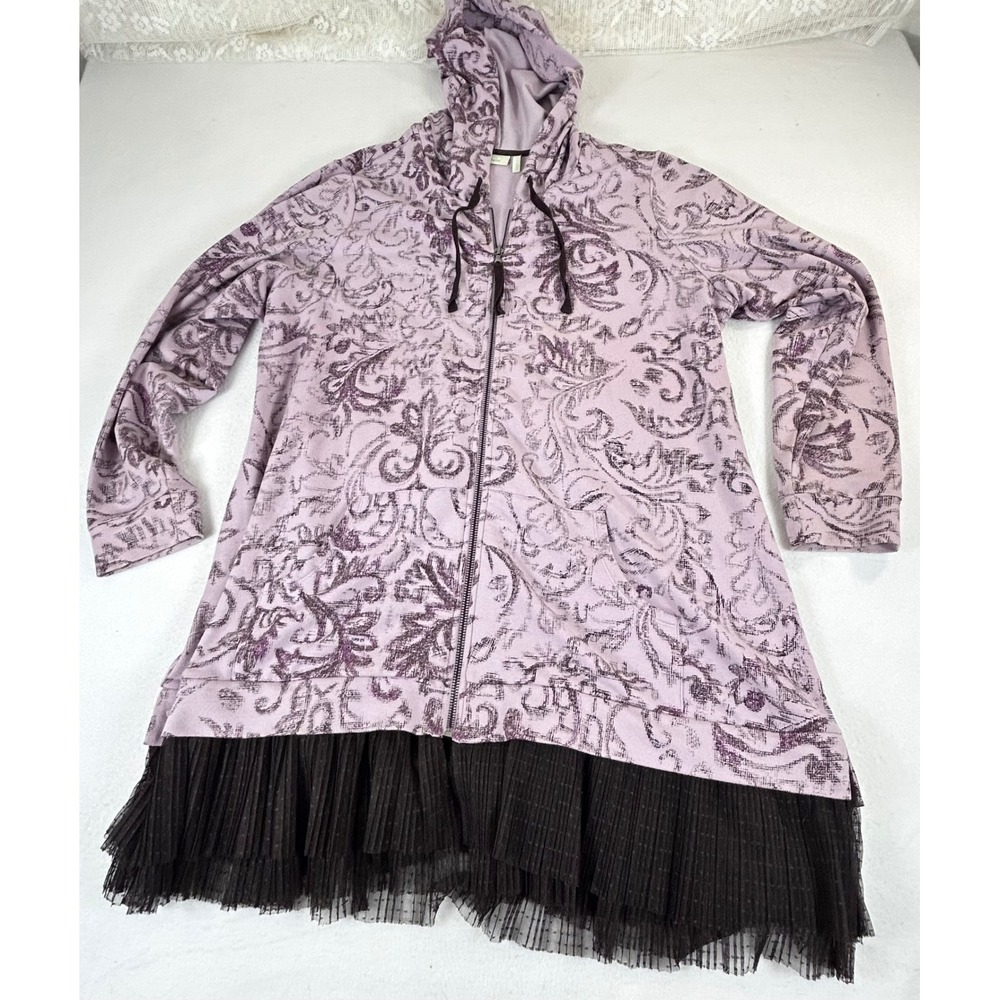 LOGO Lounge Lori Goldstein Purple Damask Mesh Hem Zip Hoodie 1X A273380